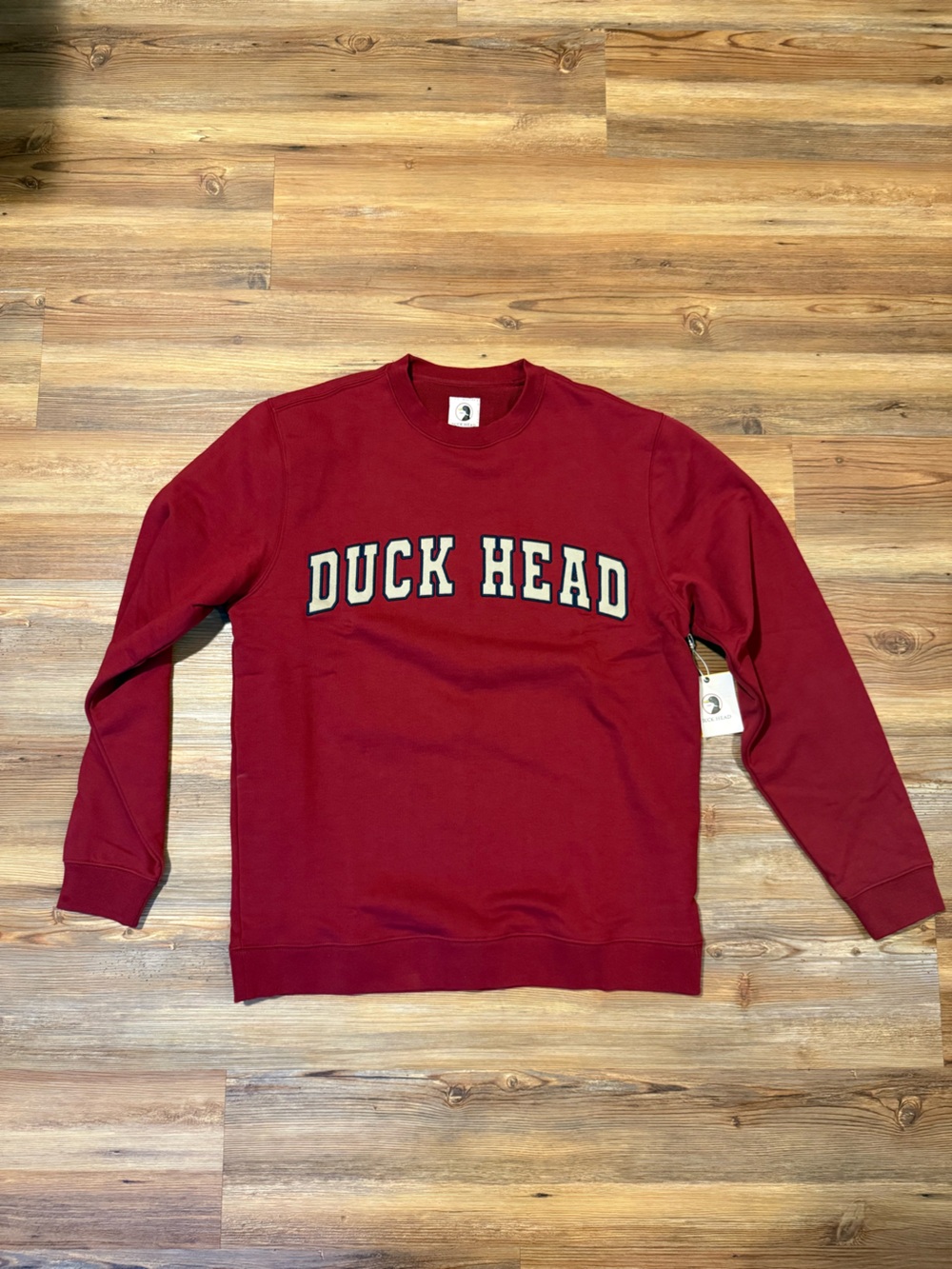 Duck Head Crewneck Sweatshirt in Deep Red with Cream Appliquรฉ Lettering